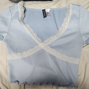 Divided Sky Blue Ribbed Top with Cream Lace